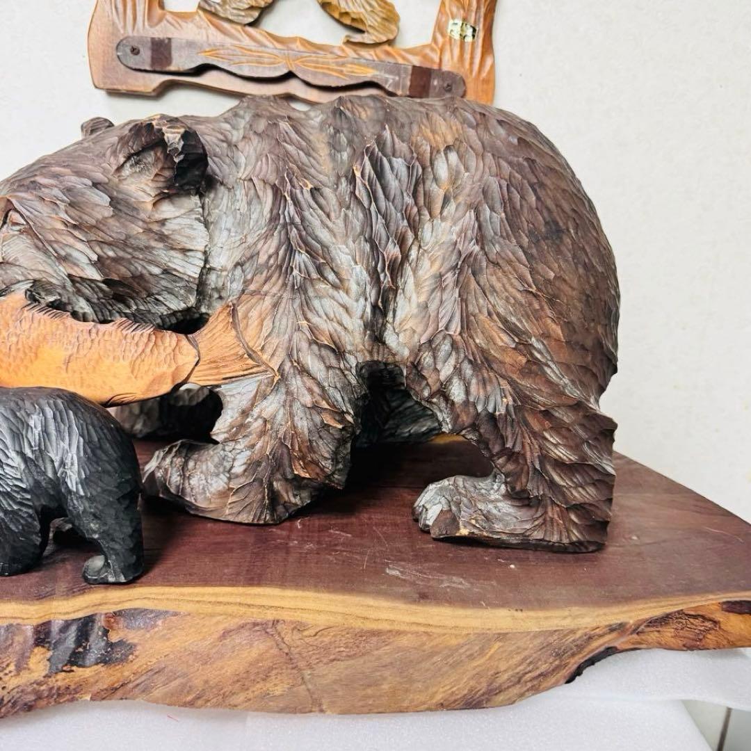 美品 北海道伝統工芸 木彫り 彫刻　親子熊 鮭 飾り台一枚板 壁掛け 4点セット