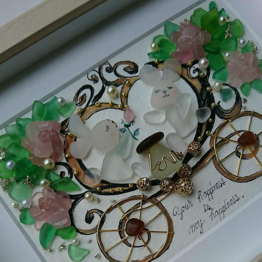 【専用】シーグラスアート<ピンクローズの馬車>レア 一点もの 薔薇 愛の誓いラブ