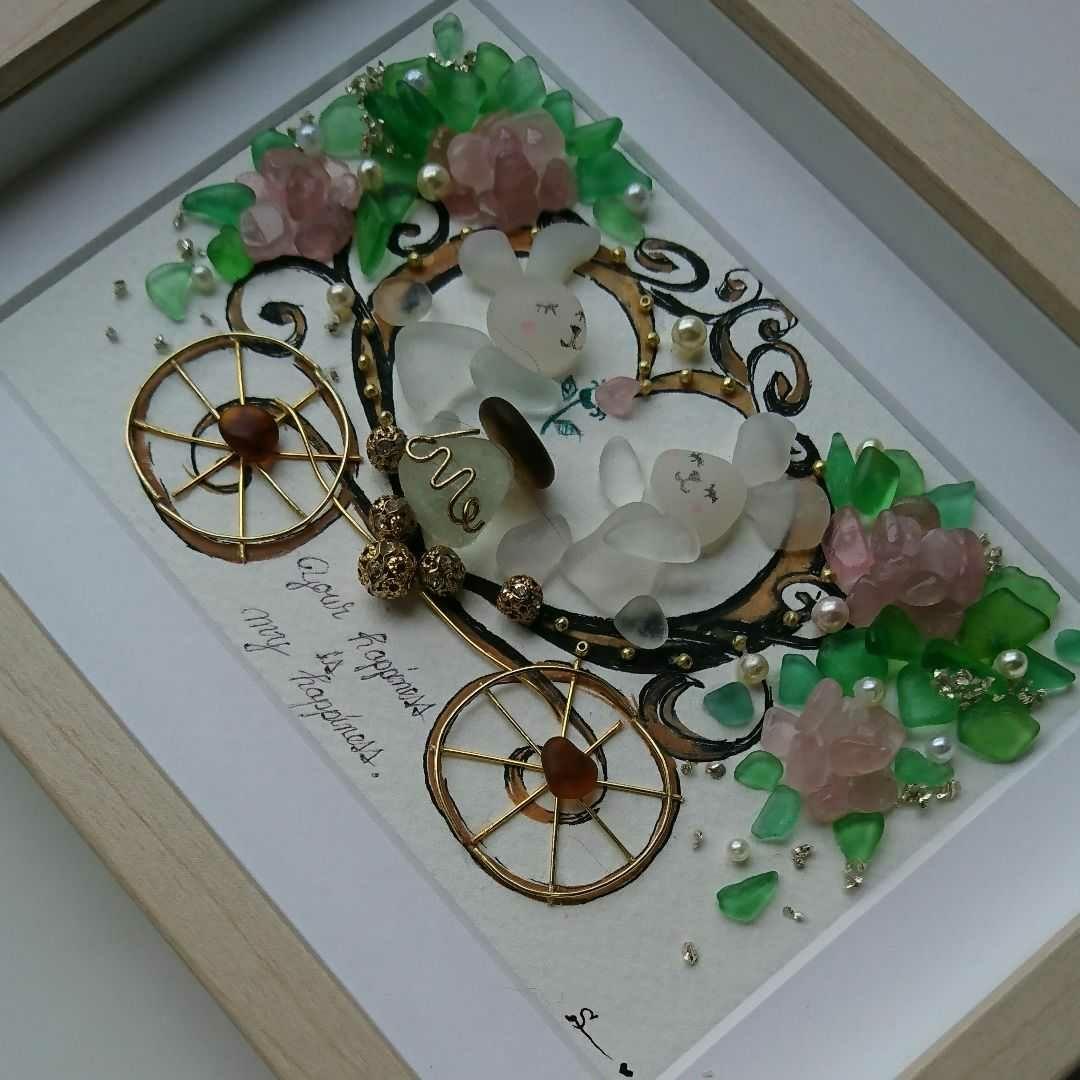 【専用】シーグラスアート<ピンクローズの馬車>レア 一点もの 薔薇 愛の誓いラブ