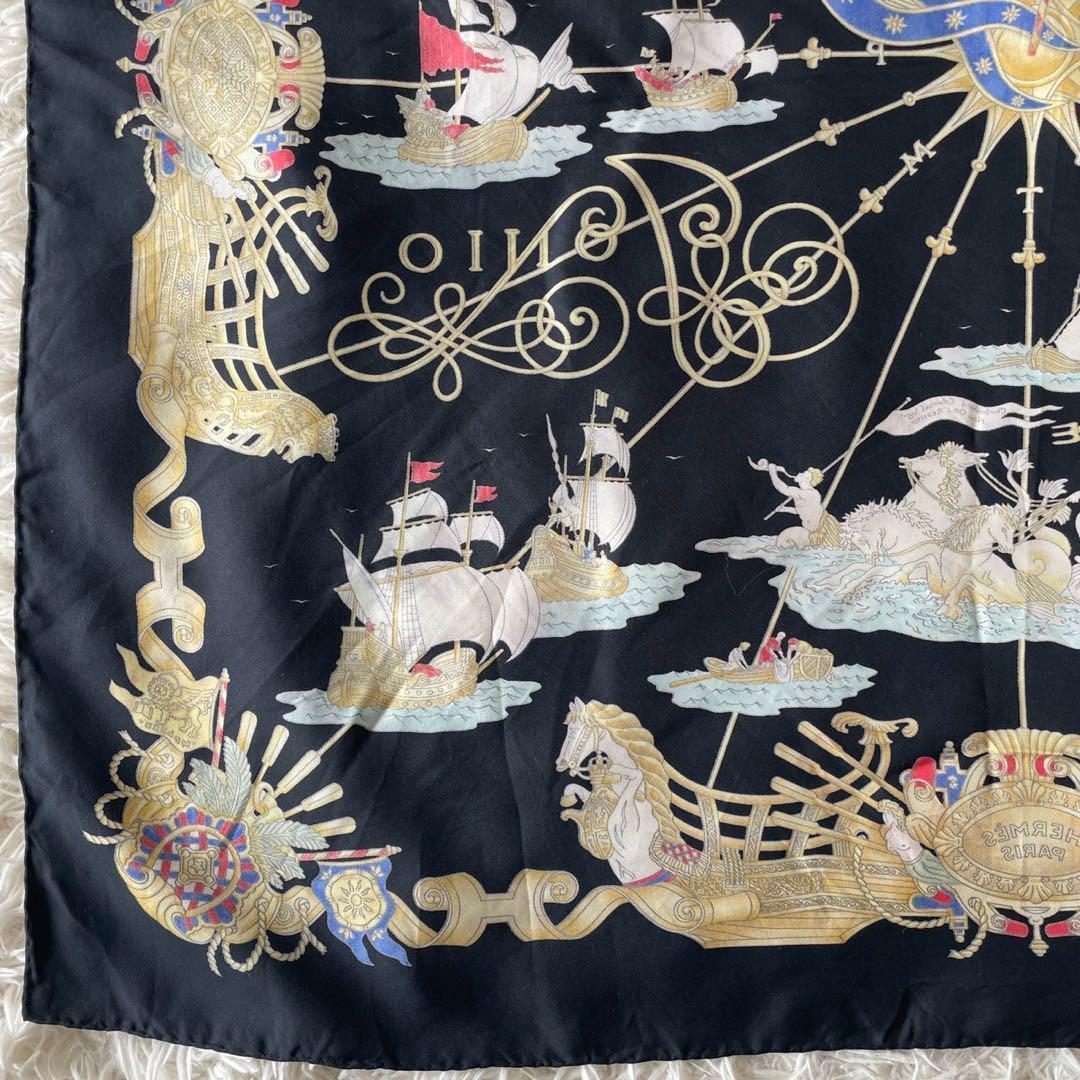 美品☆HERMES エルメス スカーフ カレ90 シルク 光の帆船 ブラック