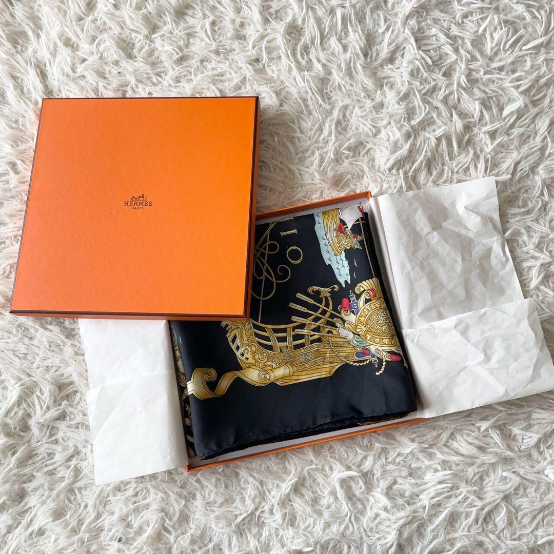 美品☆HERMES エルメス スカーフ カレ90 シルク 光の帆船 ブラック