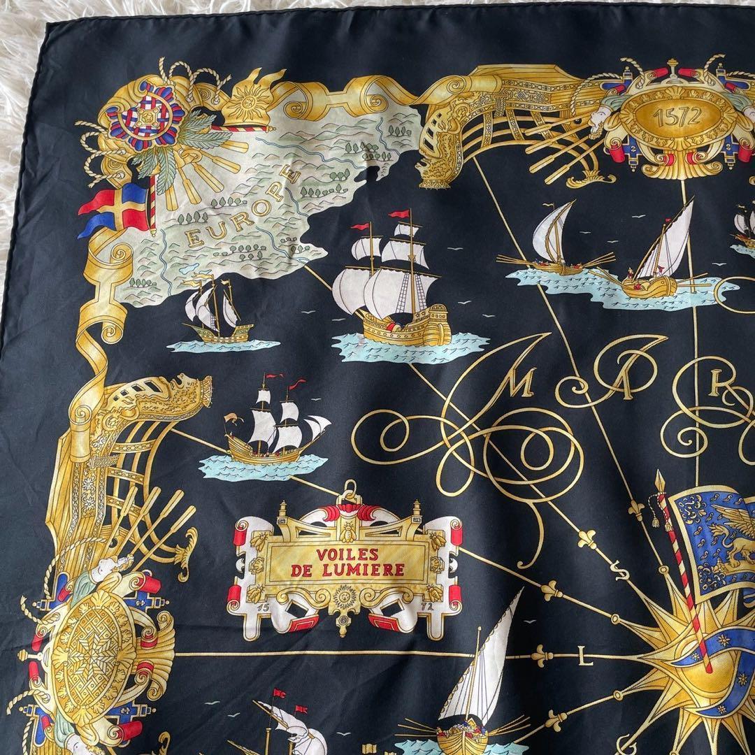 美品☆HERMES エルメス スカーフ カレ90 シルク 光の帆船 ブラック