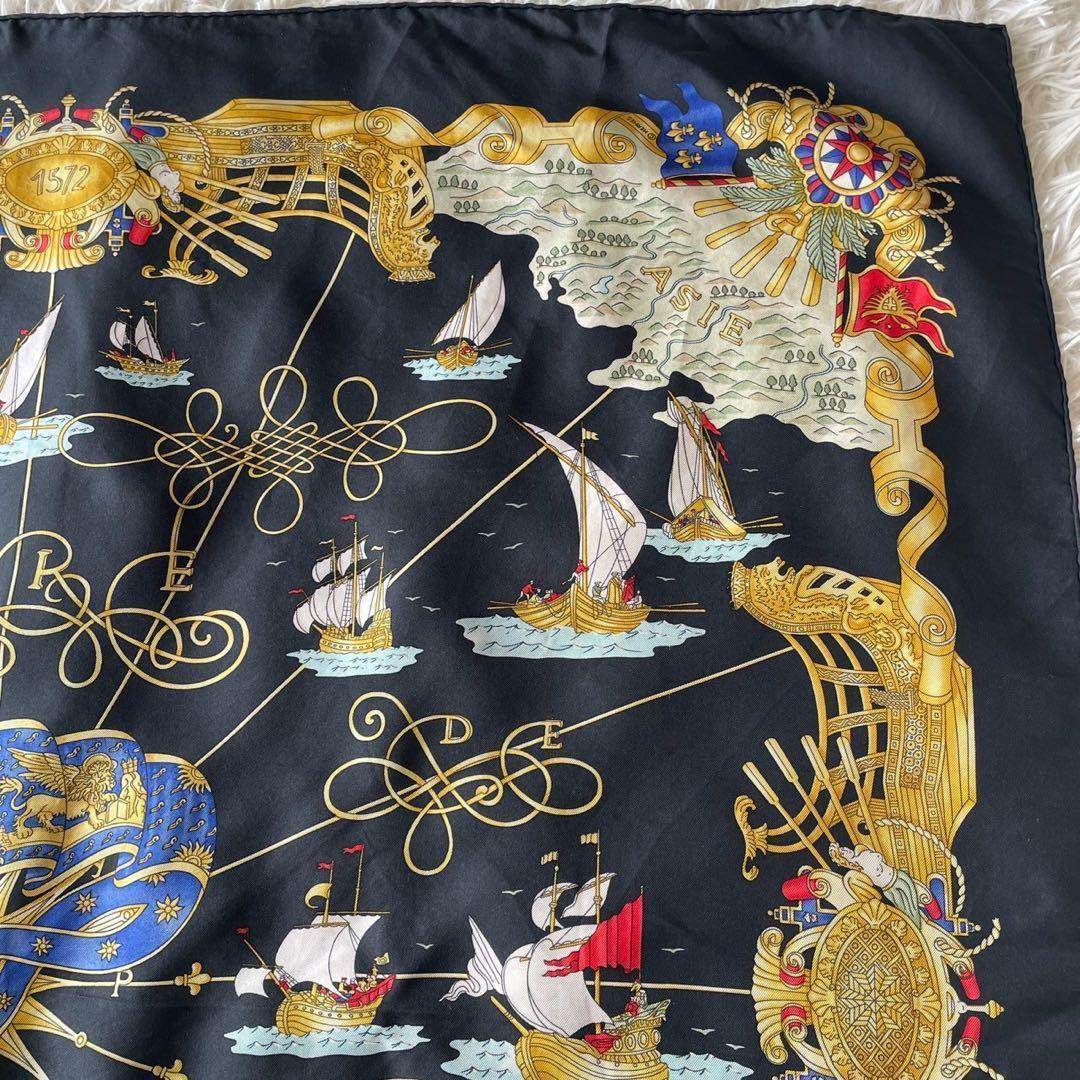 美品☆HERMES エルメス スカーフ カレ90 シルク 光の帆船 ブラック