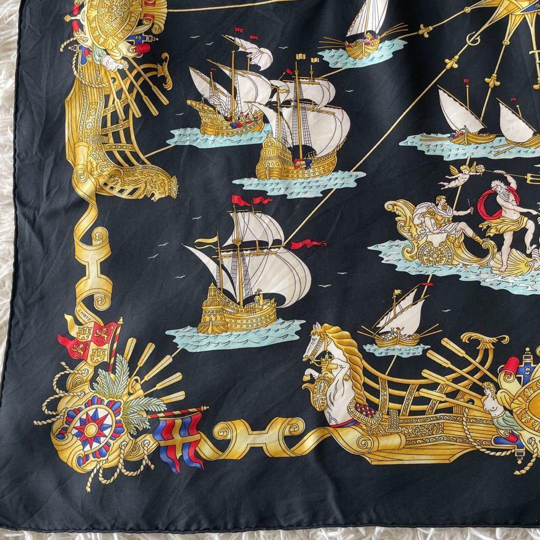 美品☆HERMES エルメス スカーフ カレ90 シルク 光の帆船 ブラック