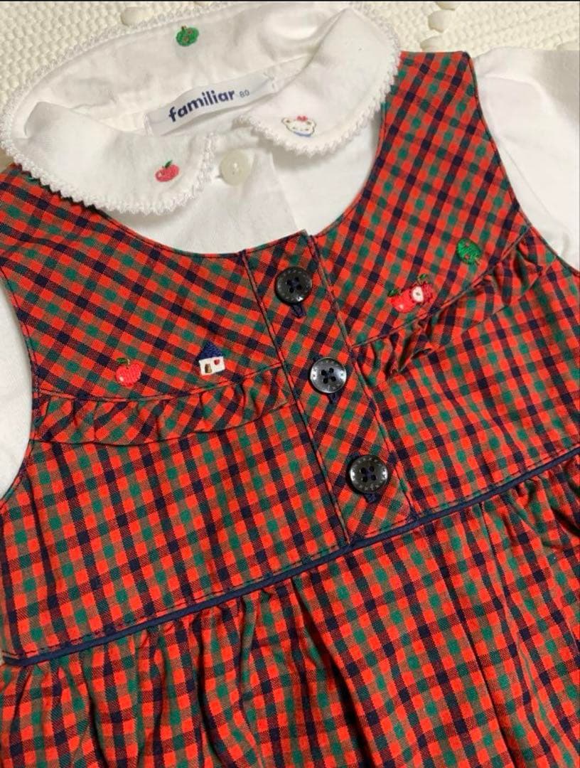 美品★ファミリア　赤チェックワンピース　長袖ブラウス刺繍　セット売り　サイズ80