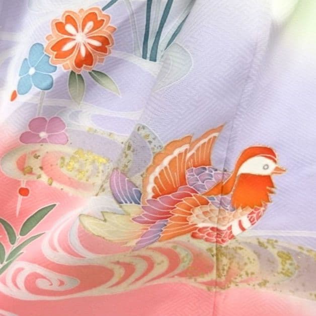 正絹京友禅☆箔散らし＋金駒刺繡☆八重紅枝垂れ桜や鴛鴦雅やかな7歳七五三向け祝い着