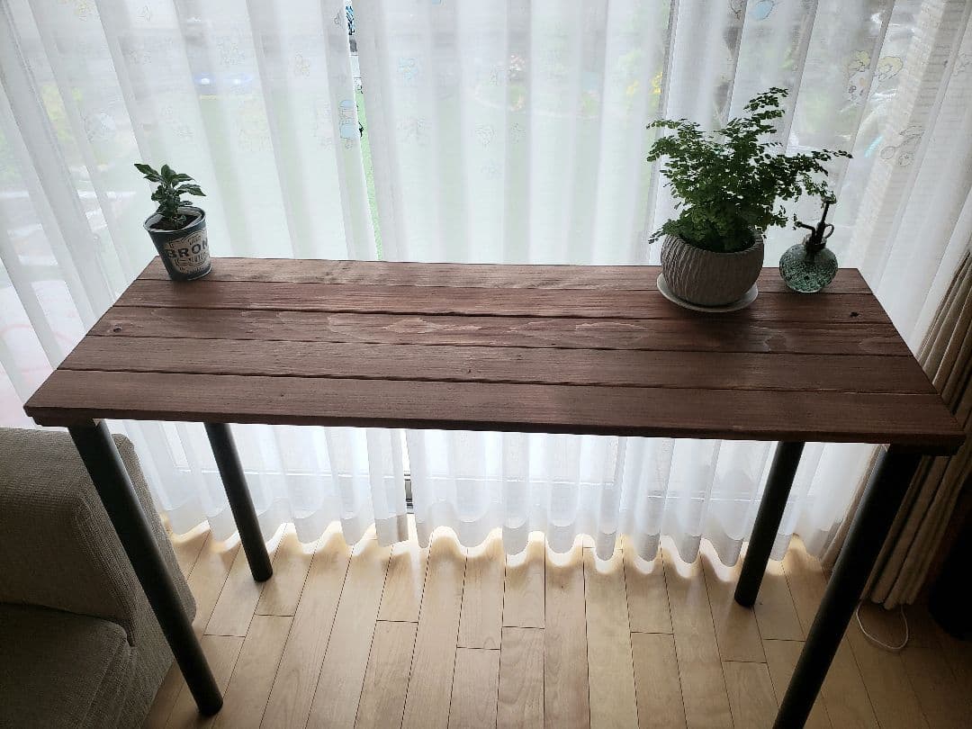 カウンターテーブル　ウォールナット無垢カフェ風アンティーク観葉植物シェルフ机