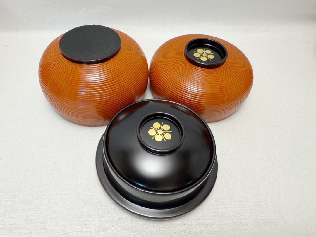 未使用 茶道具 木製 ひさご 弁当 千筋 梅蒔絵 内黒 5客揃え 懐石道具 紙箱