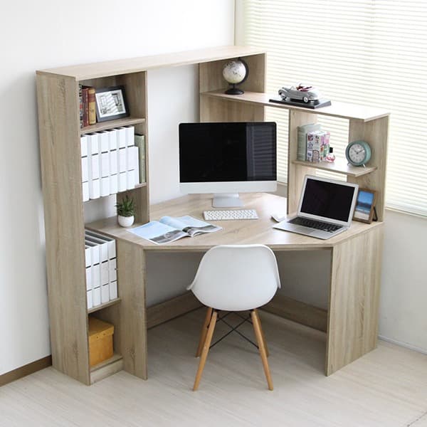 【新品・送料無料】パソコンデスク コーナー ハイタイプ 書棚付き オーク 北欧