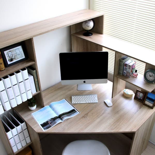 【新品・送料無料】パソコンデスク コーナー ハイタイプ 書棚付き オーク 北欧