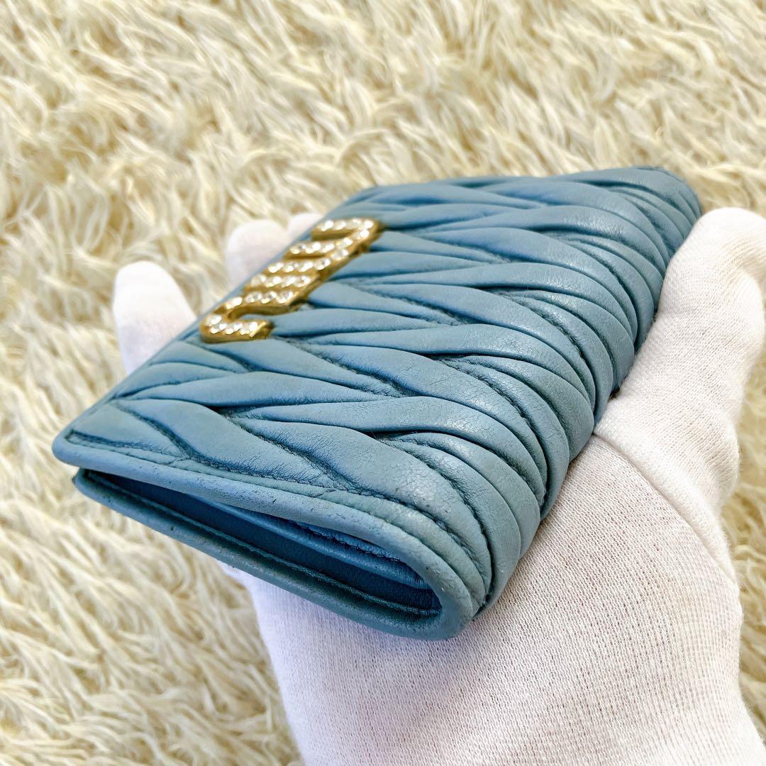 箱付✨ミュウミュウ 二つ折り財布 ビジュークリスタル マテラッセブルー RFID