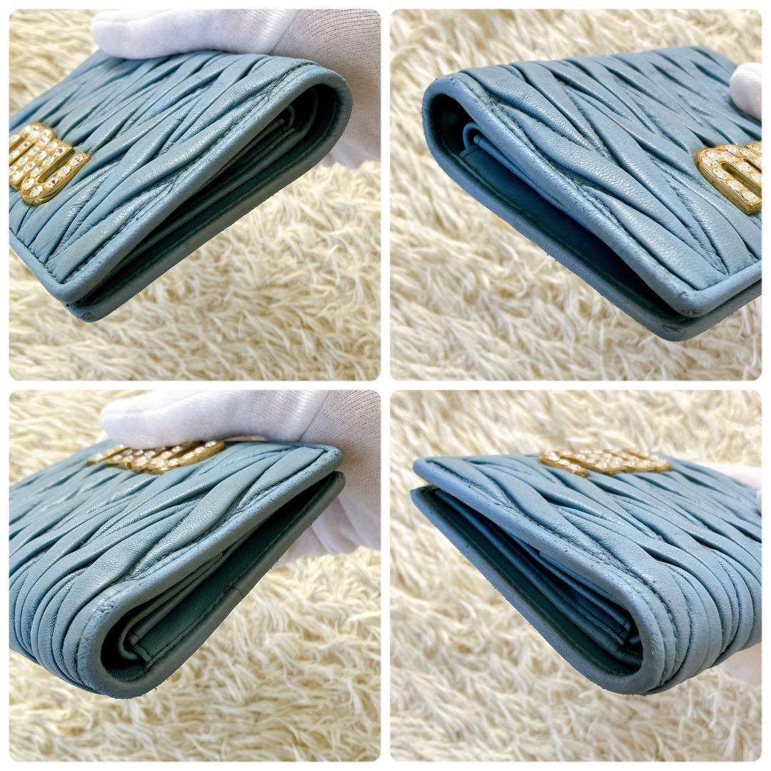 箱付✨ミュウミュウ 二つ折り財布 ビジュークリスタル マテラッセブルー RFID