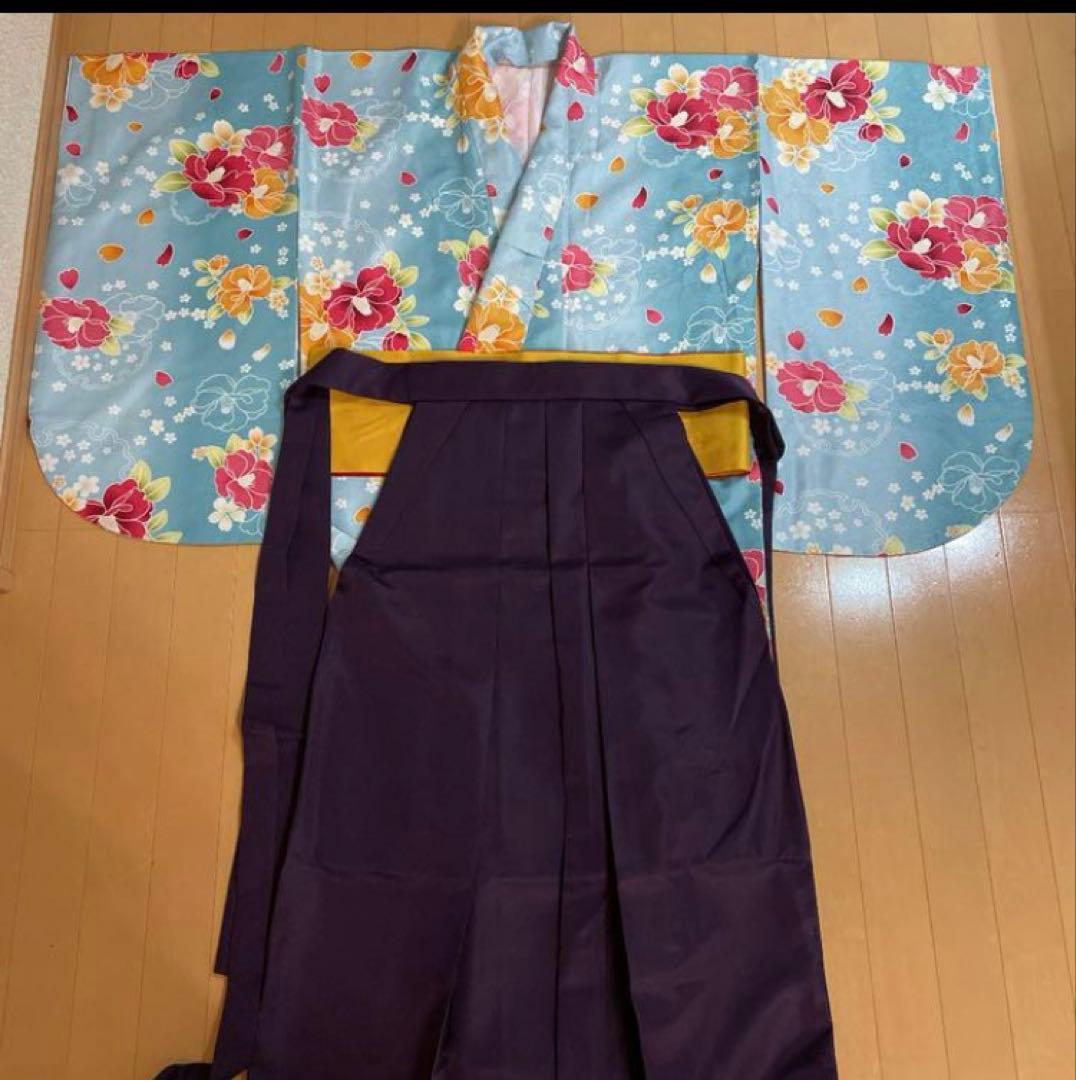 小学生　卒業式　袴4点セット 二尺袖着物&髪飾りセット