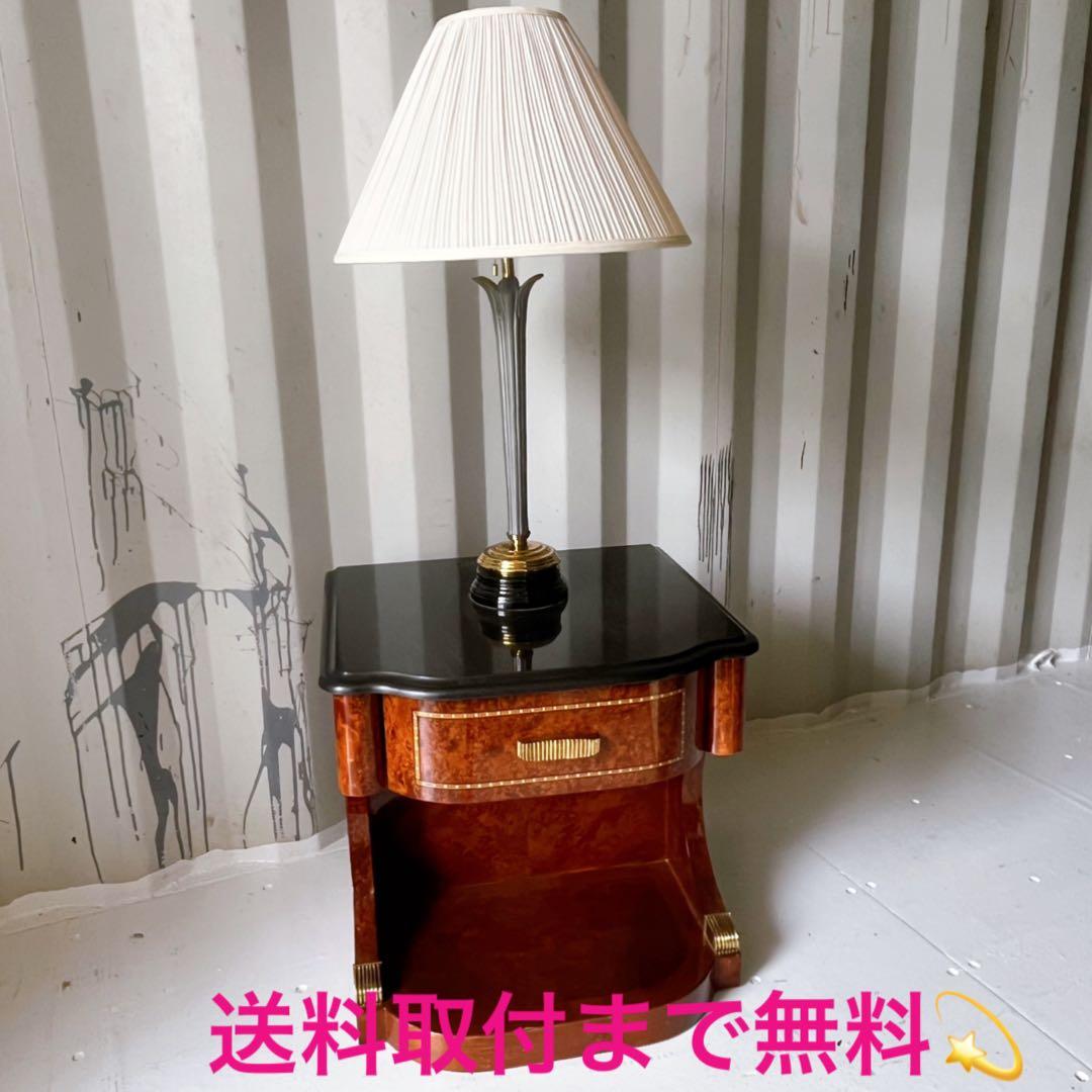 取付無料！高級ヨーロピアンアンティーク 大理石天板ライト付きナイトサイドテーブル