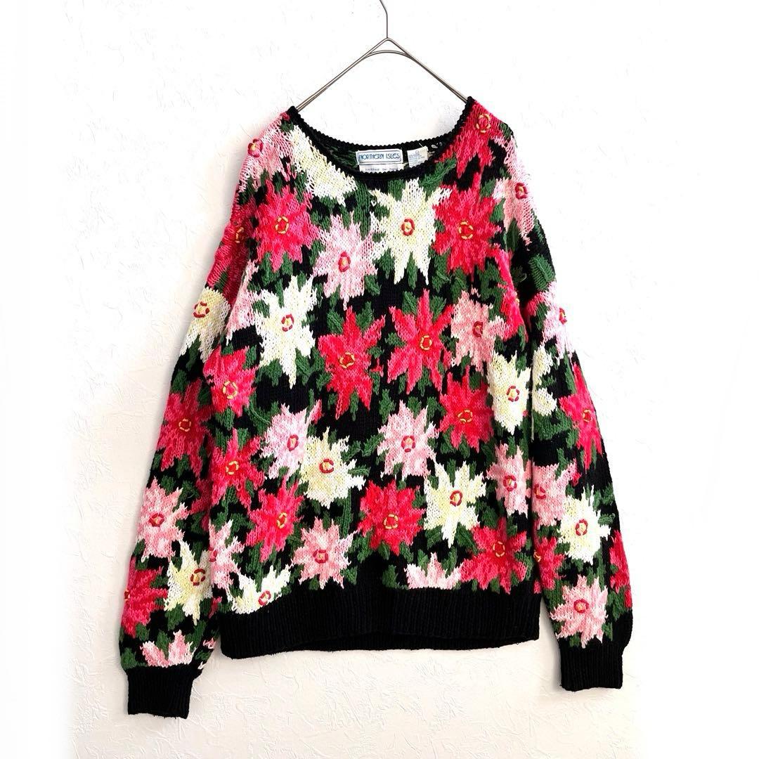 【美品】Northern Isles 手編み 花柄 ハンドニットセーター L