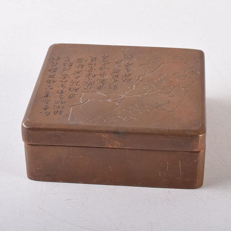 中国　古銅　唐銅　漢詩梅花刻　蓋物　四方箱　墨箱　M　R8649