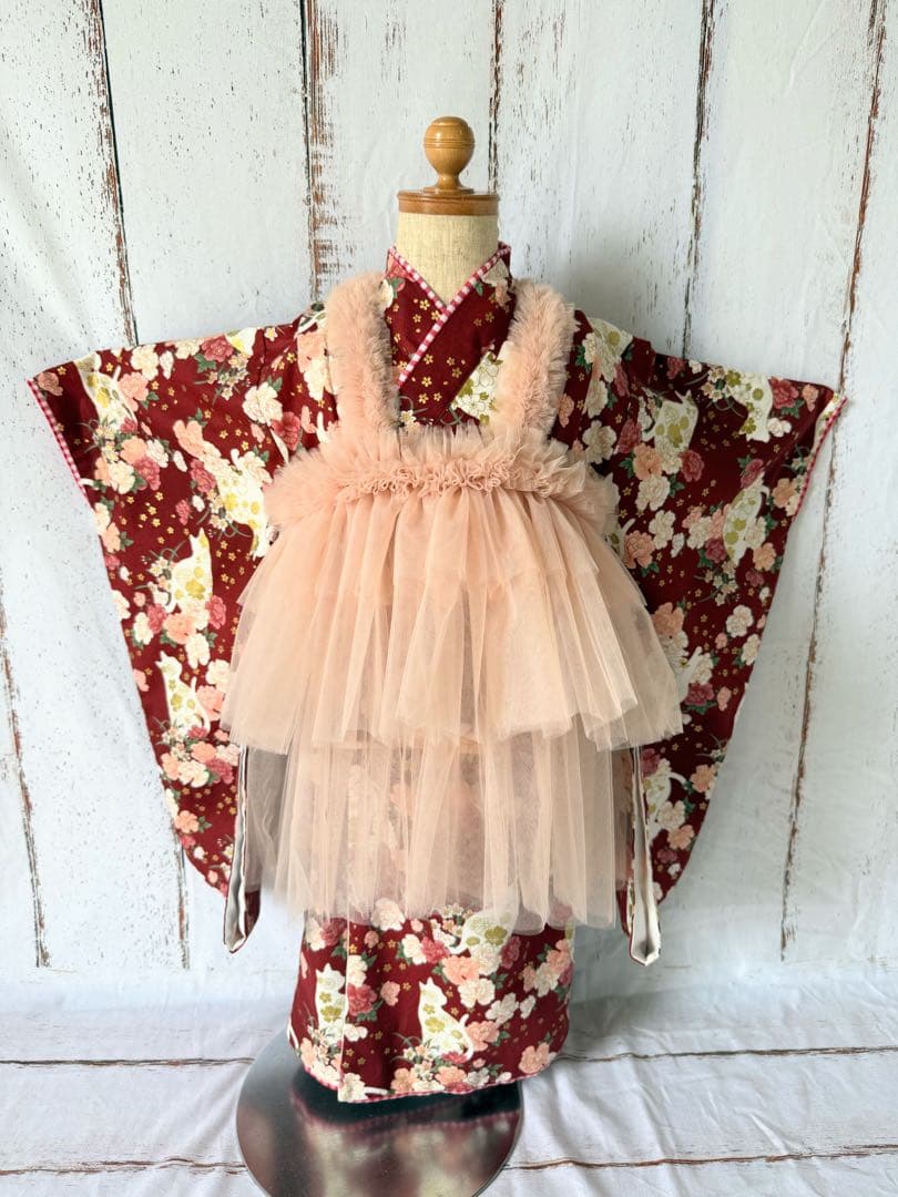 七五三着物　チュール被布　3歳　90〜110サイズ　ハンドメイド