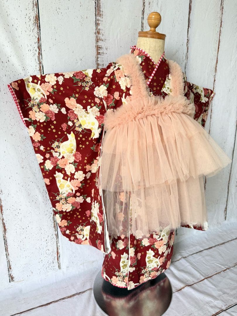 七五三着物　チュール被布　3歳　90〜110サイズ　ハンドメイド