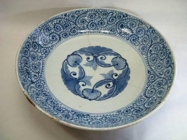 大皿■渦福「江戸中期」蛸唐草紋古伊万里染付大皿 大鉢 菓子器 時代物 骨董品■