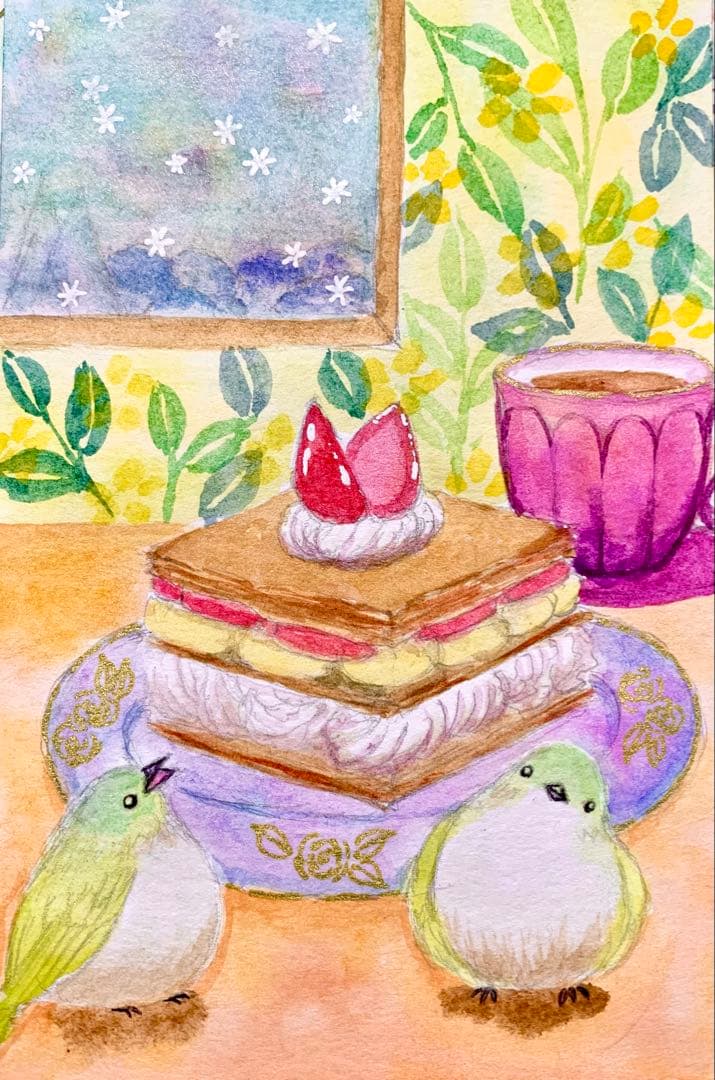 momorin水彩画　いちごのミルフィーユと小鳥たち　値段は※900円です