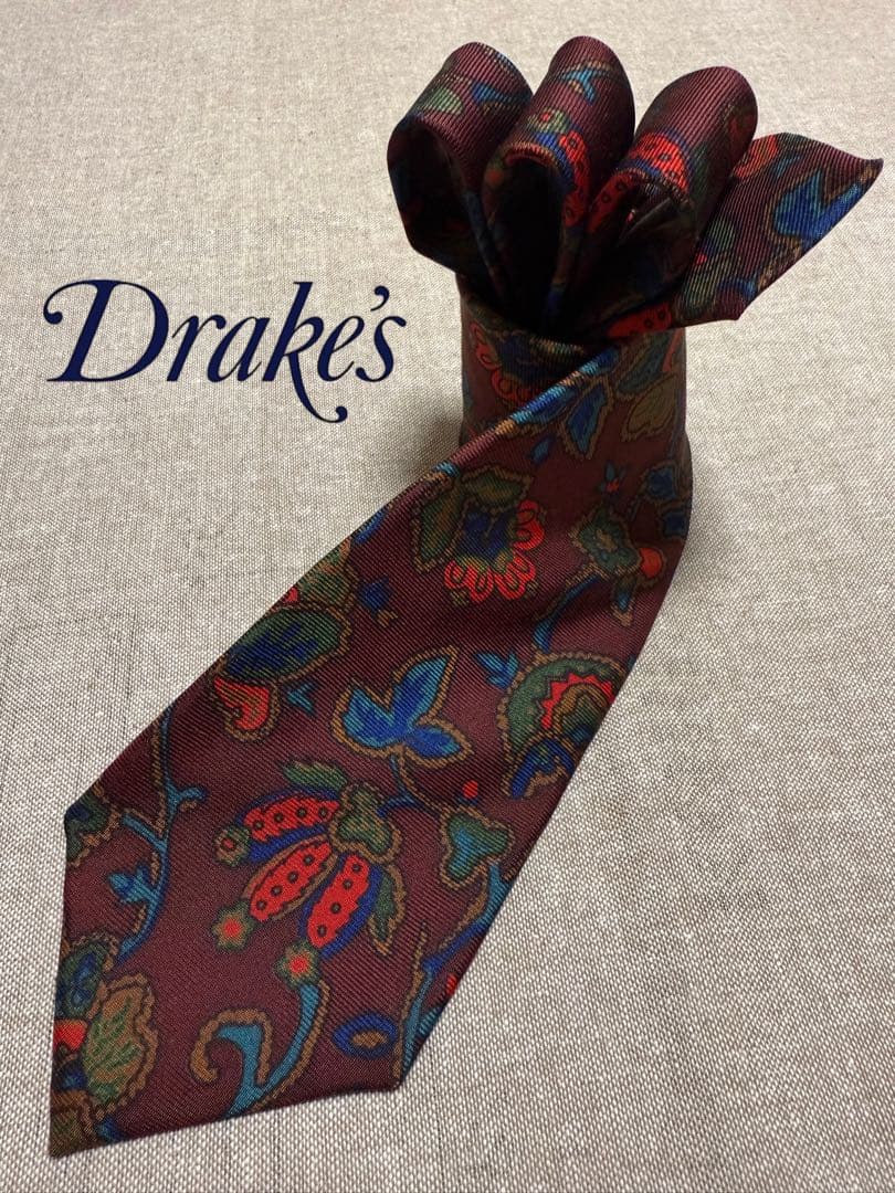 【美品】Drake's／ドレイクス／プリントタイ／花柄／ボタニカル／バーガンディ