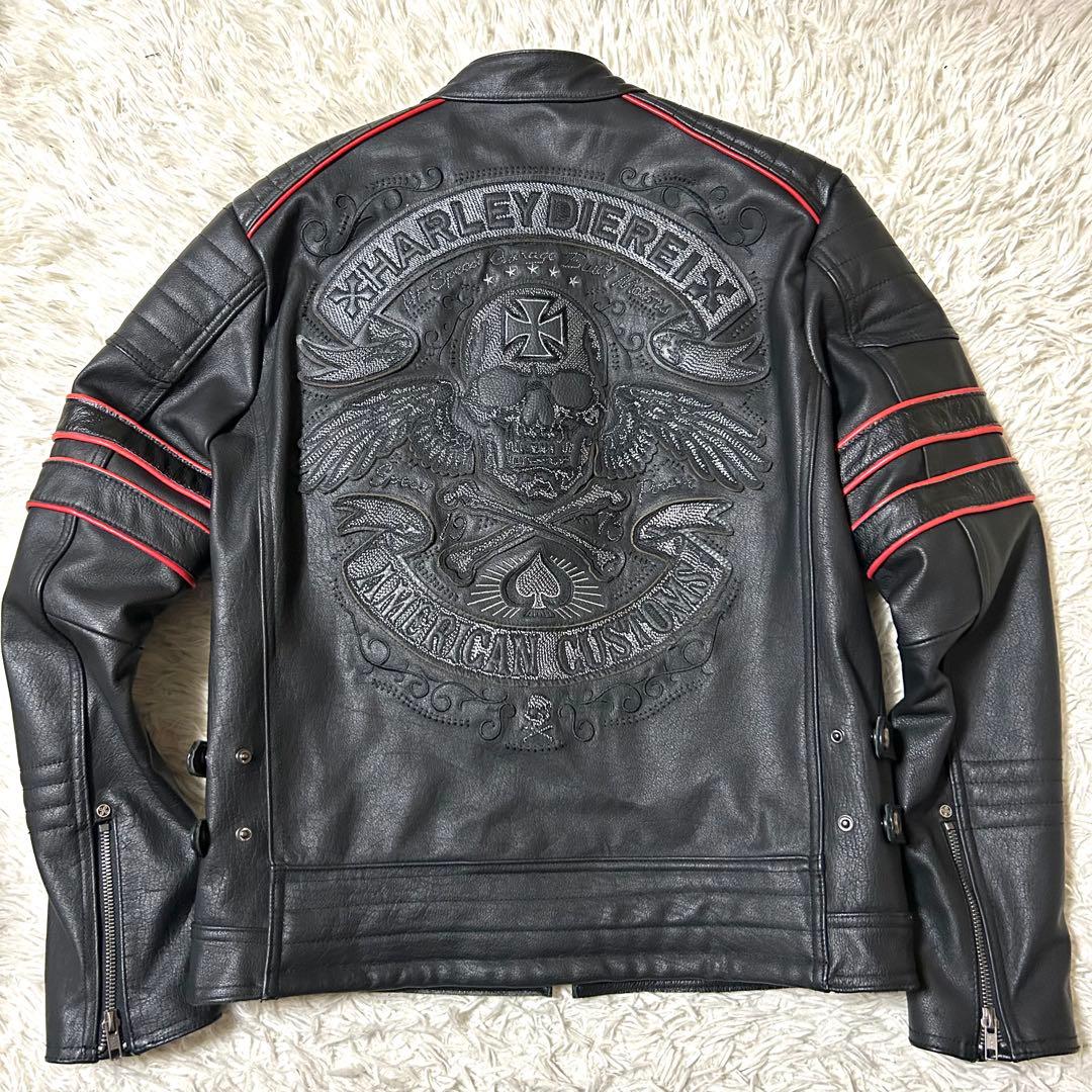 HARLEY DIEREI シングルライダースジャケット 本革　牛革　スカル刺繍