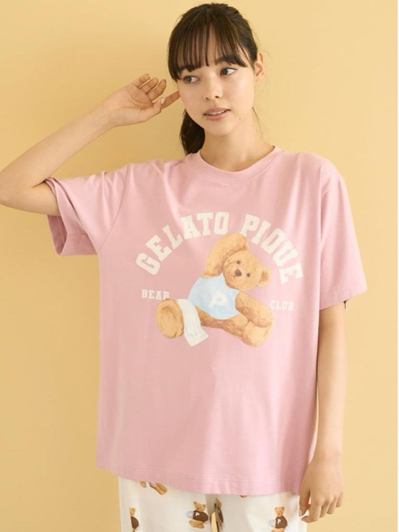 ジェラートピケ♡スポーティーベアワンポイントTシャツ＆総柄ショートパンツセット
