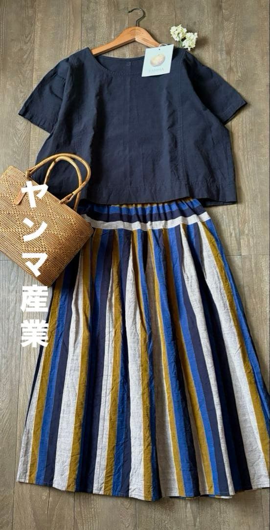 【水通しのみ美品】ヤンマ産業　YAMMA 会津木綿　半袖シャツ　スミクロ