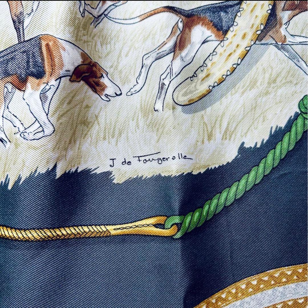 【HERMÈS カレ90 】エルメス スカーフ 犬 狩猟柄 グレー