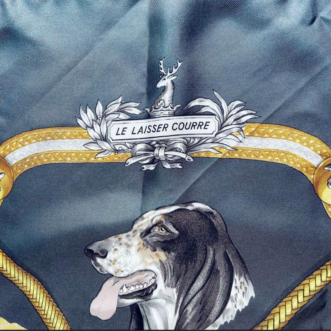 【HERMÈS カレ90 】エルメス スカーフ 犬 狩猟柄 グレー