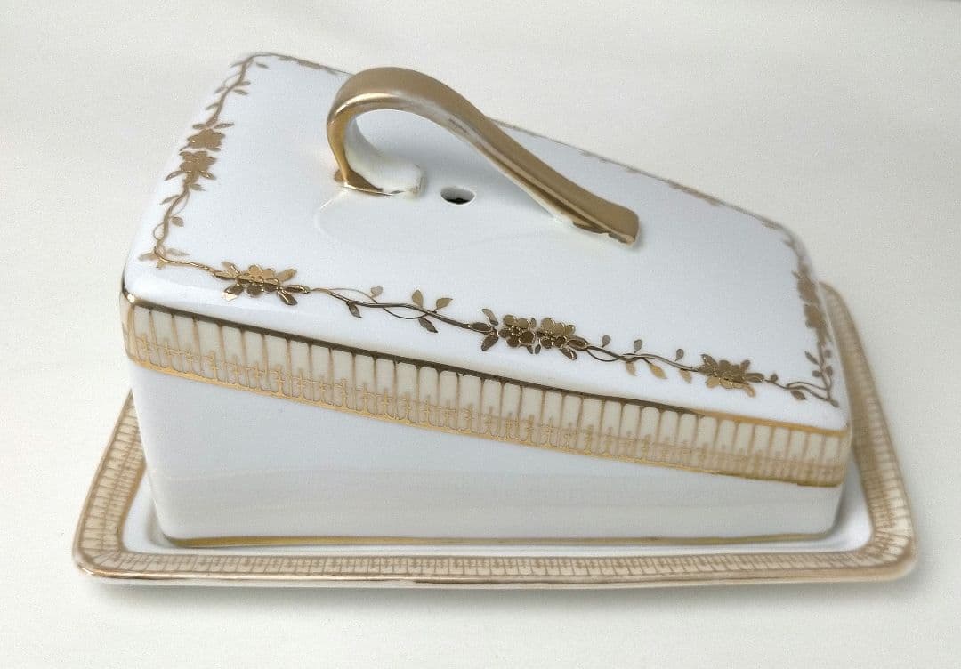 オールドノリタケ 金彩点盛り上げ 花絵 蓋付チーズトレイ