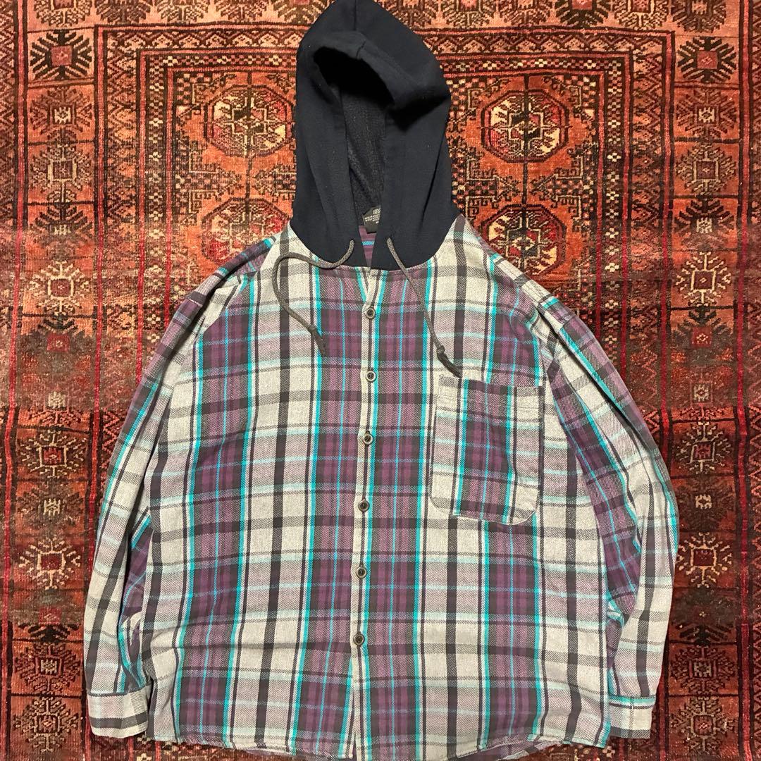 90S USA製 Vintage フランネルシャツ フード付 レイヤード
