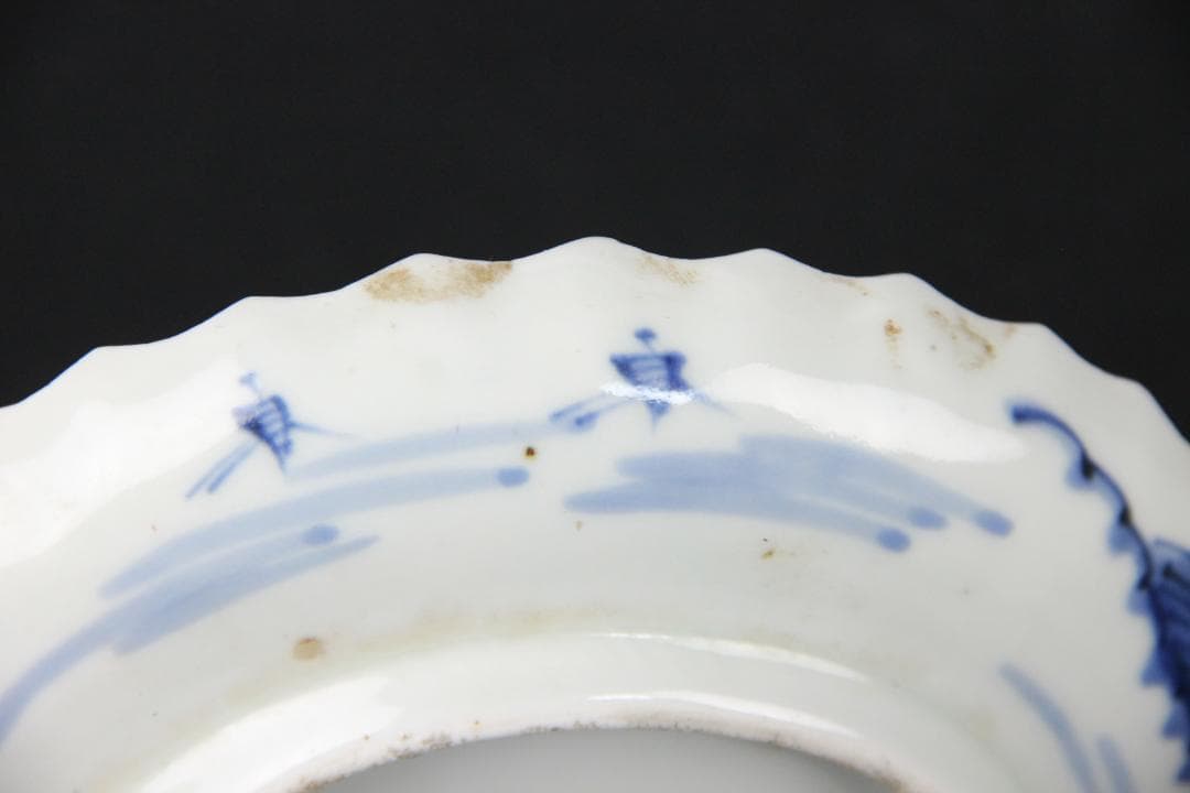 古伊万里 染付 山水 五枚 菓子皿 風景絵 江戸明治期 補修済み Eo21-7