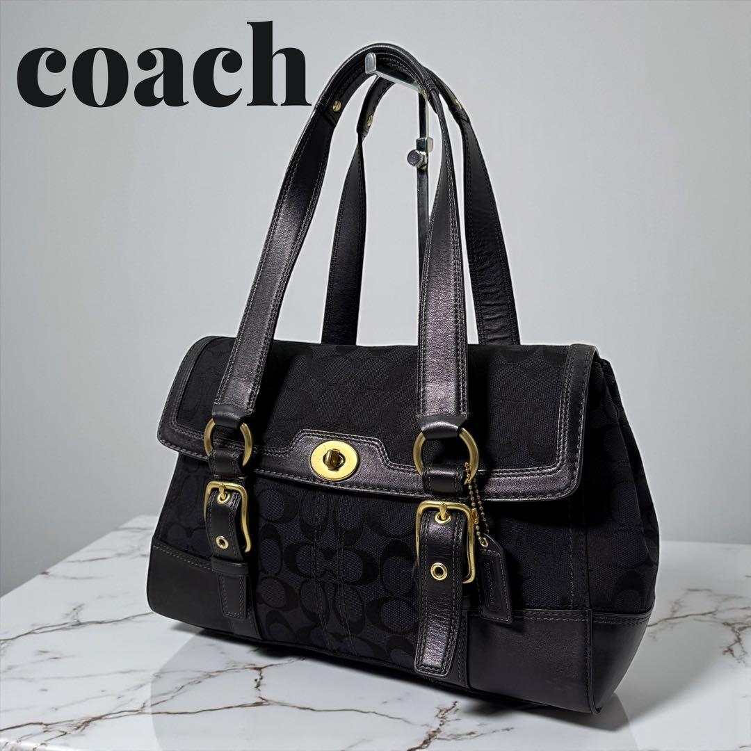 コーチ トートバッグ ターンロック シグネチャー レザー ゴールド金具 黒