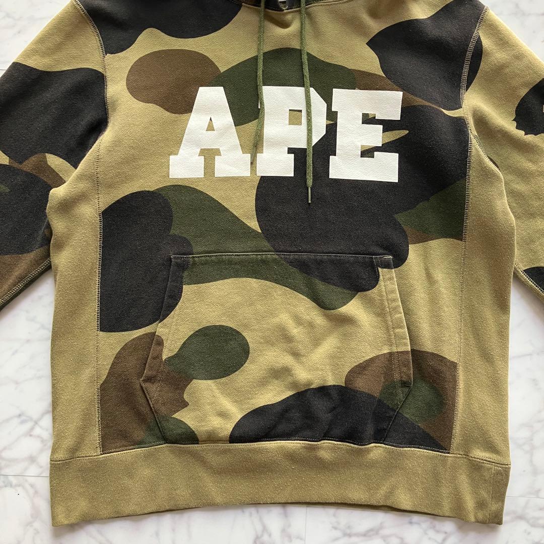 【美品】A BATHING APE 迷彩カモ パーカー L 日本製 APEロゴ