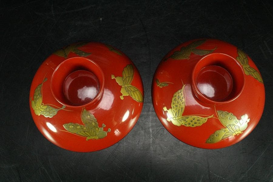 牡丹 蝶 蒔絵 朱塗 盃 一対 極上 美品(K-A382)