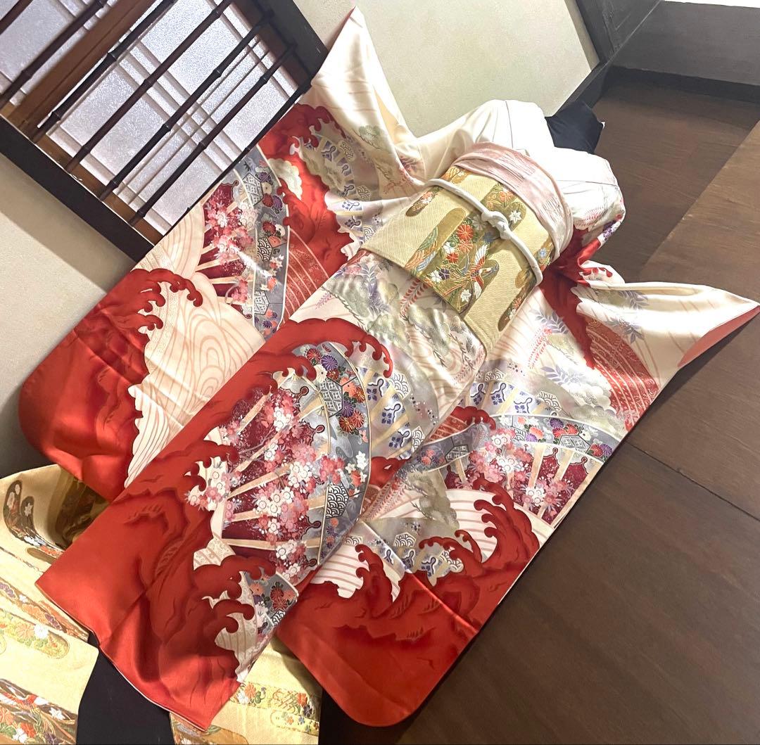 振袖 フルセット6点サイズM〜Ｌ駒刺繍　片輪車吉祥花文　金銀彩　正絹