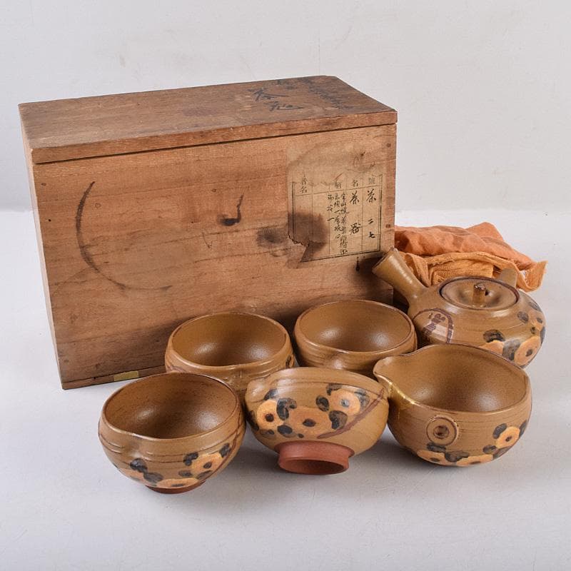 佐渡無名異焼　常山焼　三浦常山造　茶葉釉椿画　茶器揃　共箱　M　R9003