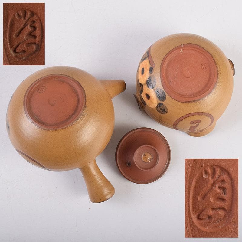 佐渡無名異焼　常山焼　三浦常山造　茶葉釉椿画　茶器揃　共箱　M　R9003