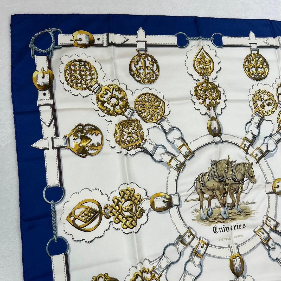 J681 美品 エルメス シルク100% スカーフ ブルー レディース