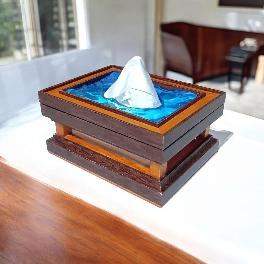 【1231】波紋揺れるオーシャンティッシュケース／ウッドレジン　インテリア