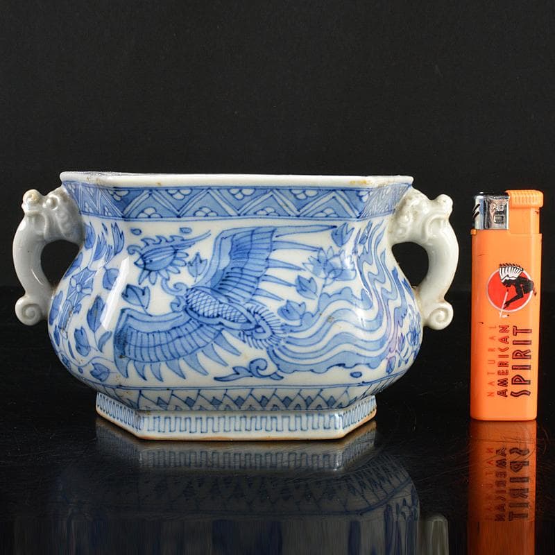 瀬戸焼　古瀬戸　染付　鳳凰花文　双耳六角香炉　M　R7342