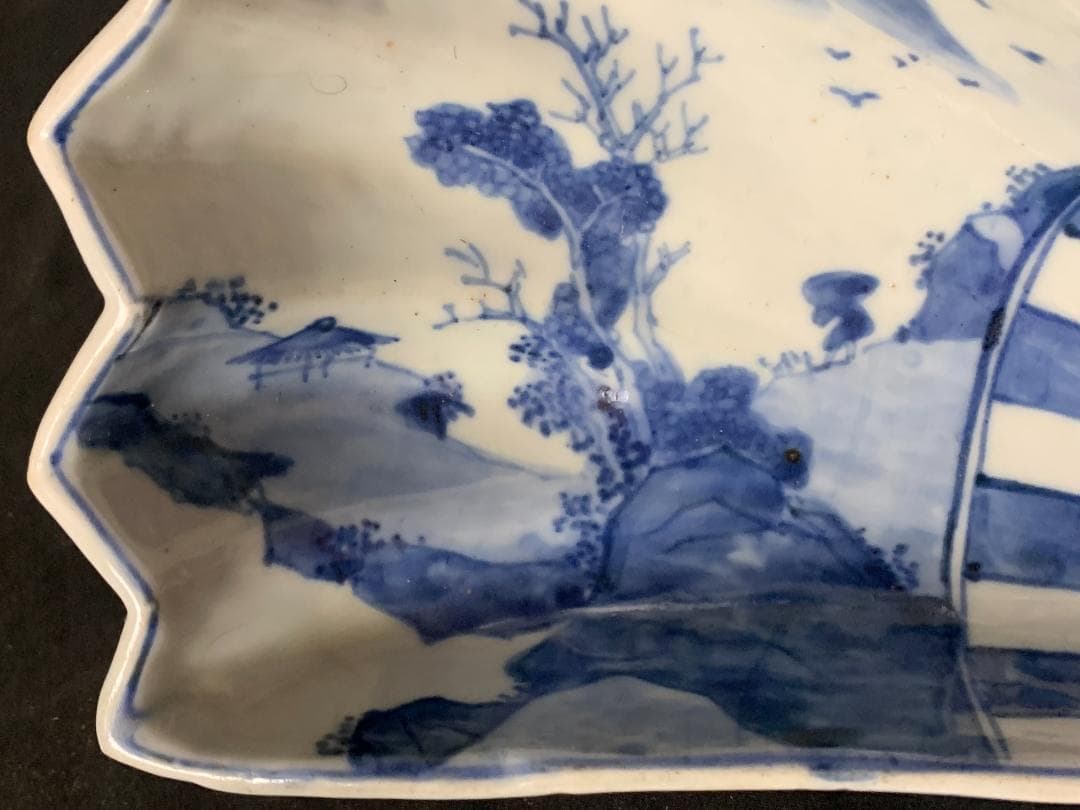 明代 古染付 青花 山水図 半開扇皿 扇鉢 中国古玩 唐物 878