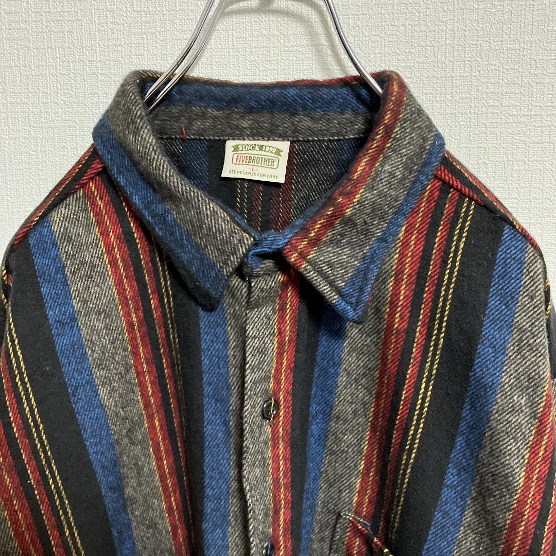 90sファイブブラザーFIVE BROTHERストライプヘビーネルシャツL米国製