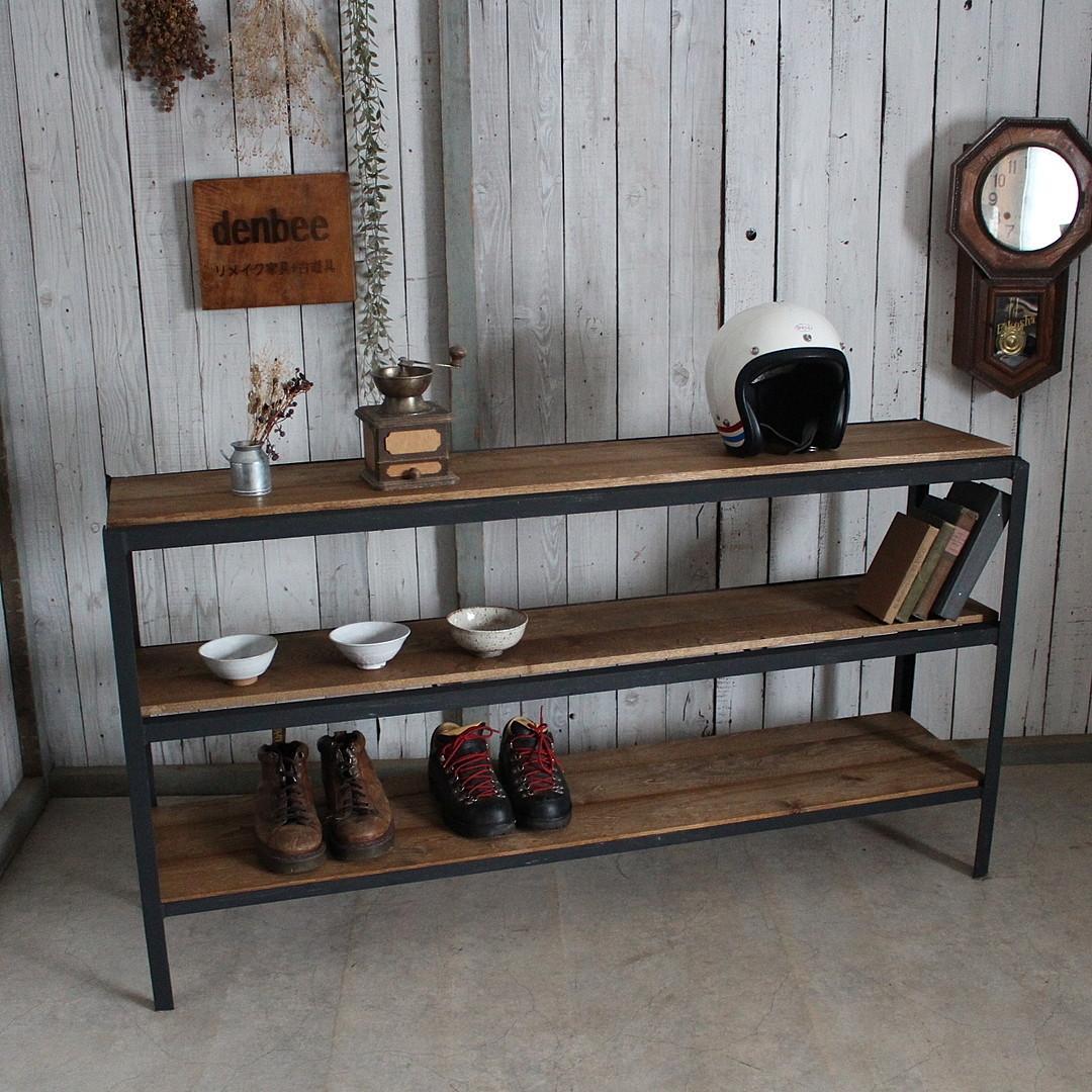 古いアイアンフレームと古材の収納棚　食器棚　オープンラック　靴棚　古家具