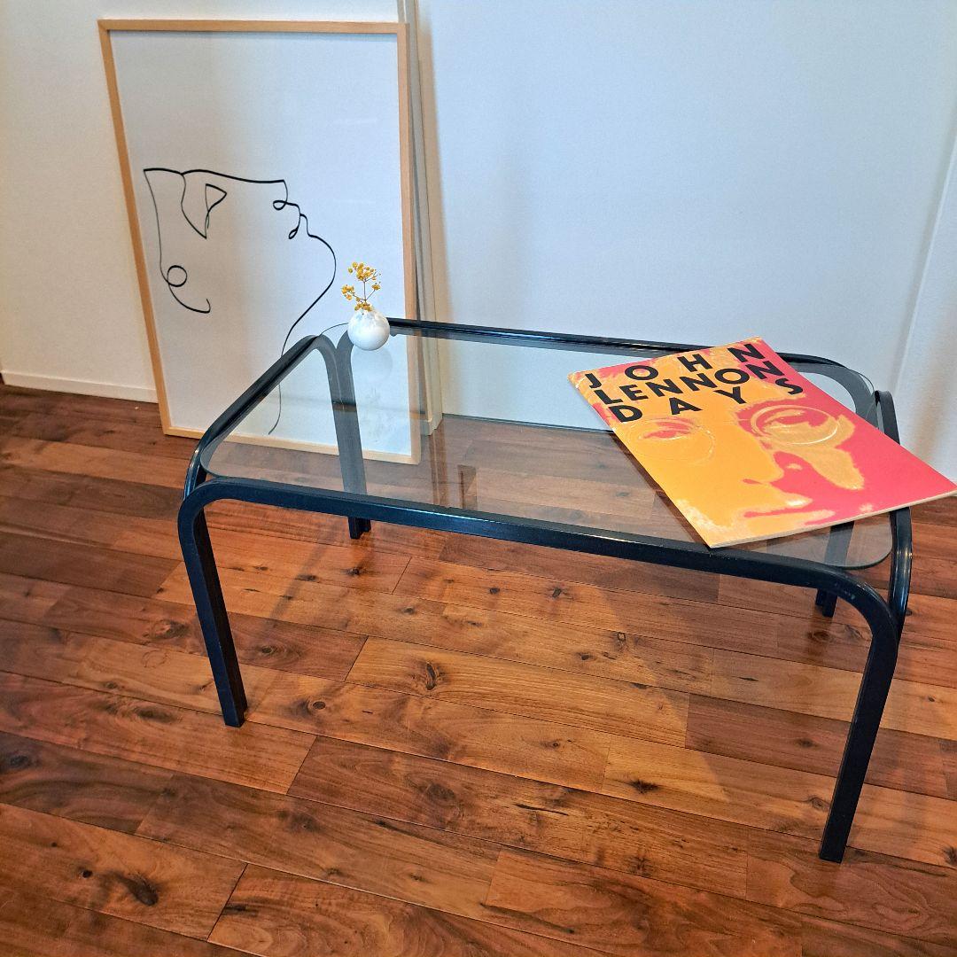 80年　アイアンフレーム ガラステーブル ストライプ柄 ミッドセンチュリー