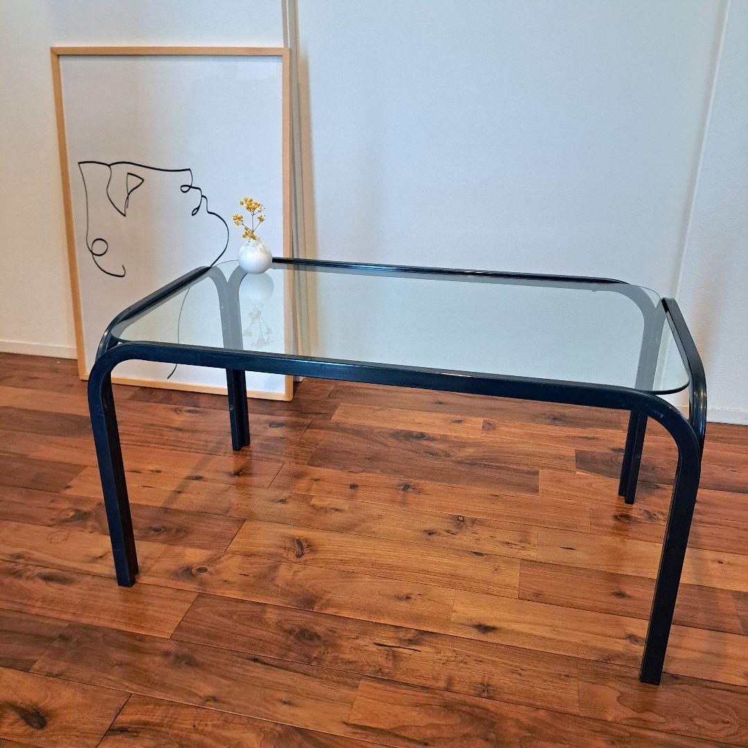 80年　アイアンフレーム ガラステーブル ストライプ柄 ミッドセンチュリー