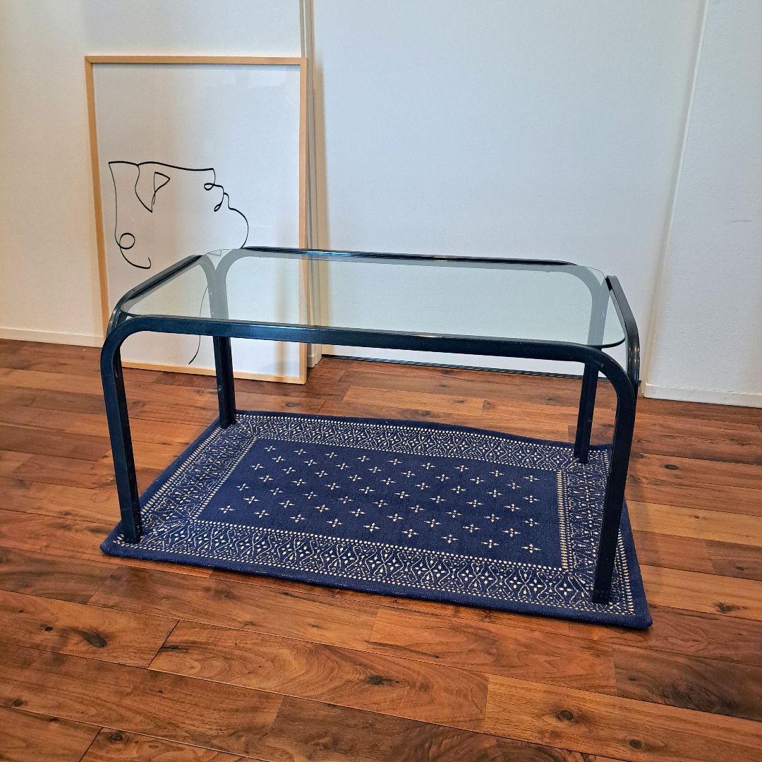 80年　アイアンフレーム ガラステーブル ストライプ柄 ミッドセンチュリー