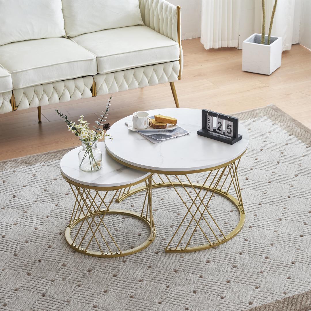 センターテーブル ネストテーブル ローテーブル【ホワイト＋ゴールド脚】
