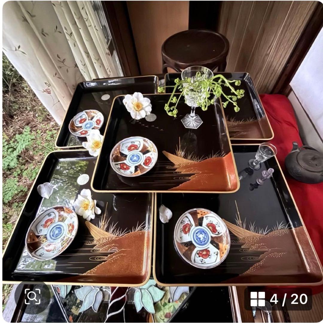 2244様感謝‼️JAPANGOZEN超絶時代蒔絵「源氏物語　須磨　明石」御膳5客